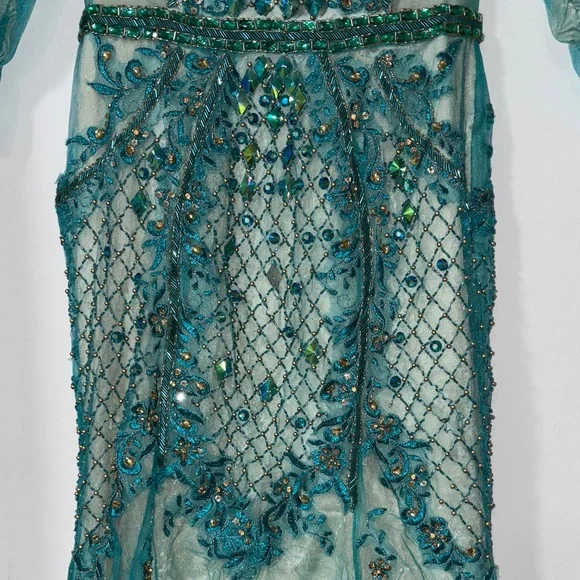 Glamorous Teal Embellished Long Sleeve Dress